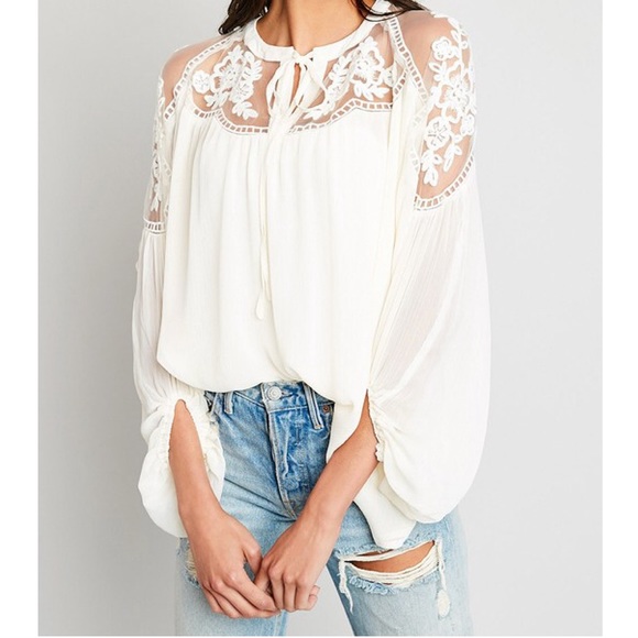 🆕Ivory Semi Sheer Mesh Peasant Doll Top Floral Appliqués & Keyhole S/M & M/L - Picture 5 of 6